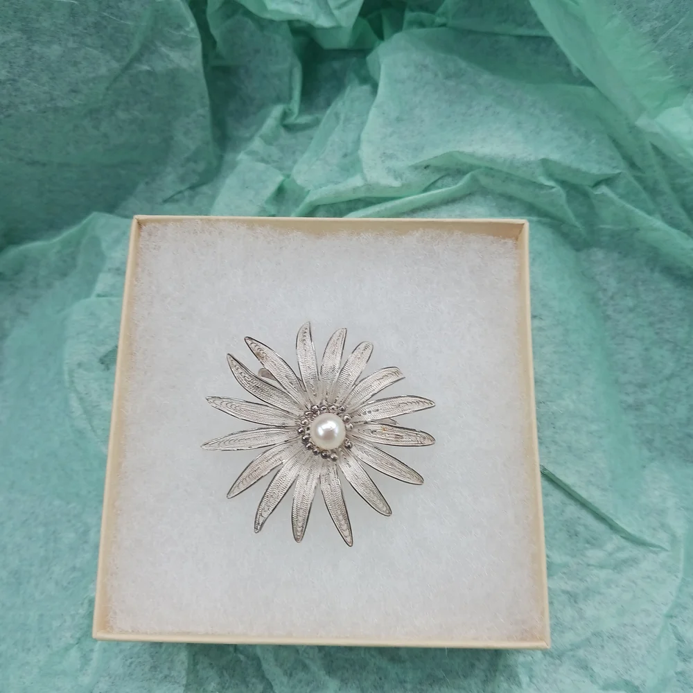 Elegant Silver Floral Brooch with Pearl Center